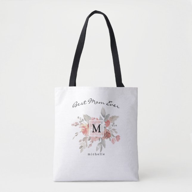 Tote Bag Meilleure maman Élégant Blush Rose Floral Monogram (Devant)