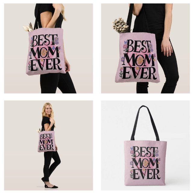 Tote Bag Meilleure Maman Fleurs Et Coeur Rose (Best Mom Ever Flowers And Pink Heart Tote Bag)