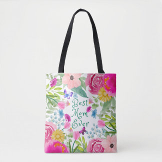 Tote Bag Meilleure maman jamais écriture botanique florale