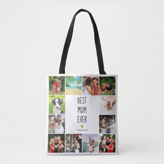 Tote Bag Meilleure maman Jamais Gold Heart Photo Collage (Devant)