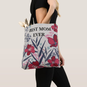 Tote Bag Meilleure maman jamais Rouge & rose motif floral