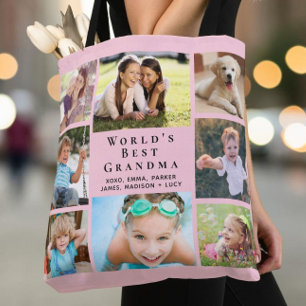 Tote Bag Meilleure Mamie du Monde 8 Collage Photo Rose