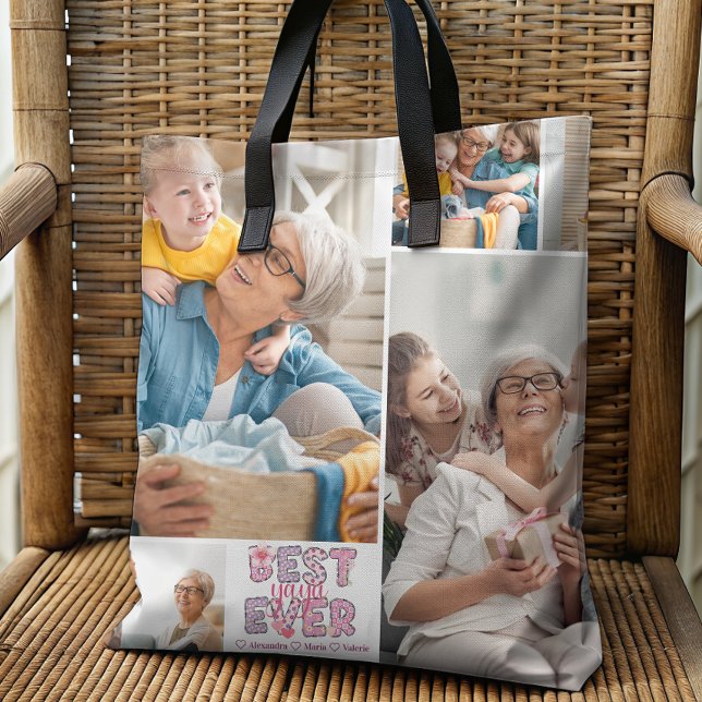 Tote Bag Meilleure Mémé Florale 4 Photos Collage (Créateur téléchargé)