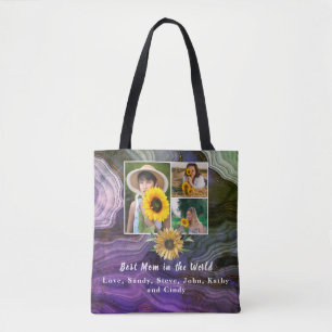 Tote Bag Meilleure mère 3 Photo Collage Boho Marbre pourpre