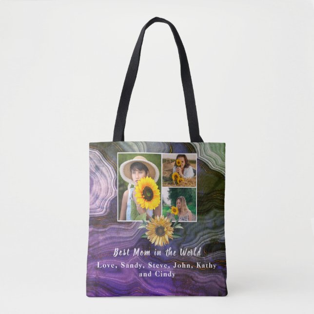 Tote Bag Meilleure mère 3 Photo Collage Boho Marbre pourpre (Devant)