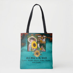 Tote Bag Meilleure mère 3 Photo Turquoise Collage Marbre