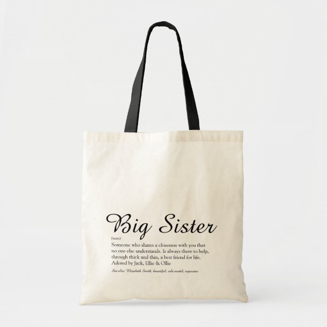 Tote Bag Meilleure Sœur Définition Écriture Noir et Blanc (Devant)