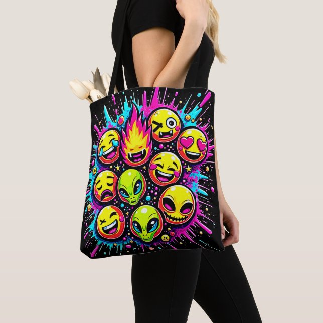 Tote Bag Mélange d'Emojis Néon Funky (De près)