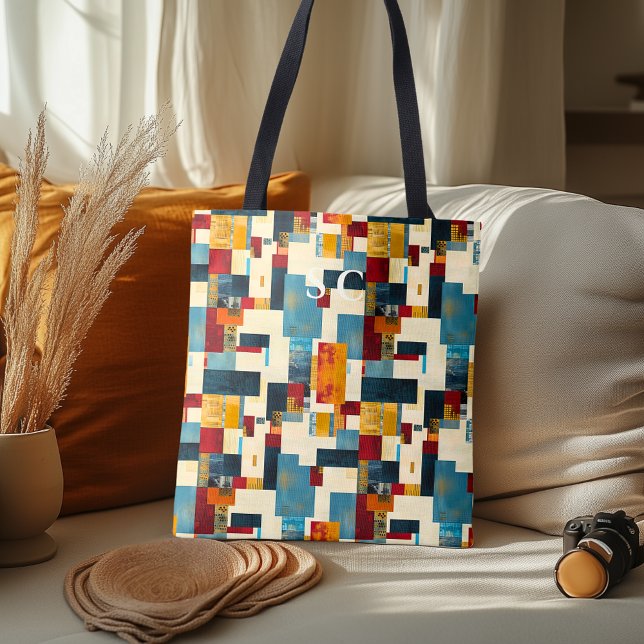 Tote Bag Mélange géométrique patchwork en rouge, jaune et b (Créateur téléchargé)