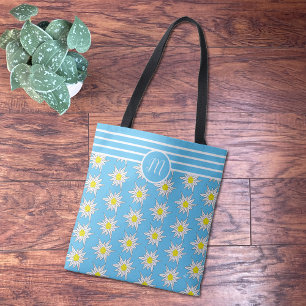 Tote Bag Mélanger Motif Floral N rayures Cyan Monogramme Fo