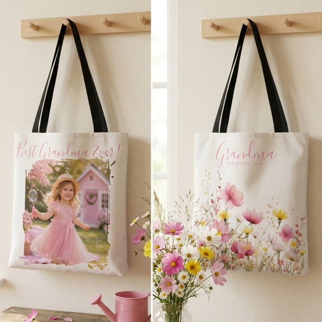 Tote Bag Mémé fleur sauvage rose (Pink wildflower grandma photo tote)