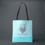 Tote Bag Menorah Whimsical "Happy Hanoukka" Personnalisable<br><div class="desc">Ce Sac fourre-tout personnalisable Whimsical Menorah "Happy Hanoukka" présente une illustration amusante d'un menorah chargé de bougies sur arrière - plan bleu clair avec les mots "Happy Hanoukka!" Le sac en tissu polyester durable est offert en deux tailles pratiques : 16 po x 16 po, et 18 po x 18...</div>