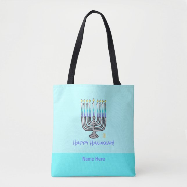 Tote Bag Menorah Whimsical "Happy Hanoukka" Personnalisable (Devant)