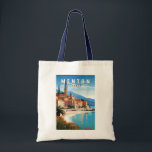 Tote Bag Menton France Travel Art Vintage<br><div class="desc">Conception de déplacement vectoriel Menton rétro. Menton est une ville sur la Côte d'Azur dans le sud-est de la France. Elle est connue pour ses plages et ses jardins comme le jardin de la Serre de la Madone.</div>