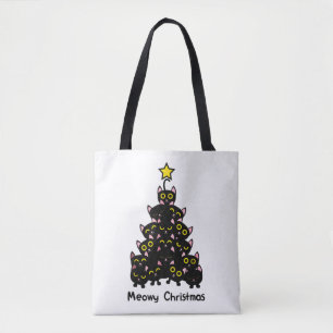 Tote Bag Meowy Catmas Funny Noël Chat Noël Arbre Noir