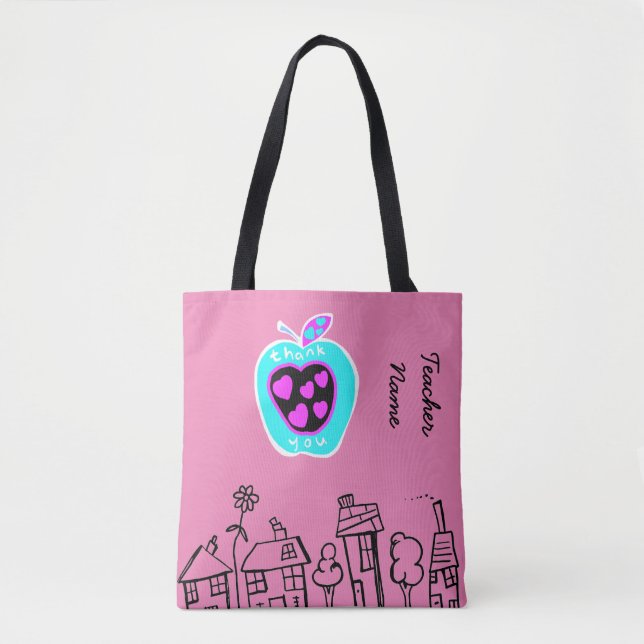 Tote Bag Merci Enseignant Cadeau pommes rose Personnalisé (Devant)
