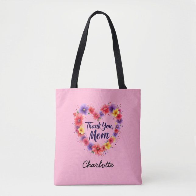 Tote Bag Merci Maman | Fête des mères florales personnalisé (Devant)