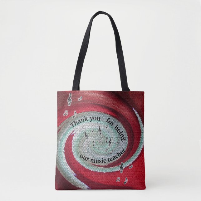 Tote Bag Merci Music Enseignant Red Swirls Notes musicales (Devant)