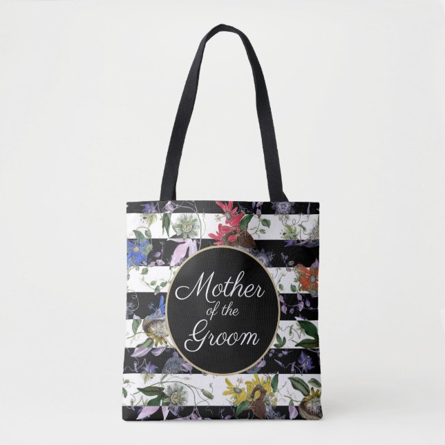 Tote Bag Mère de la chambre Noir Blanc rayures Fleurs (Devant)