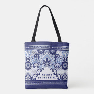 Tote Bag Mère de la mariée carreau mexicain bleu et blanc