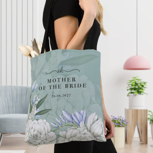 Tote Bag Mère de la mariée Pivoine   Vert sauge et blanc