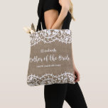 Tote Bag Mère de la mariée Rustic Lace Burlap Custom<br><div class="desc">La Mère de la Mariée va adorer ce magnifique sac fourre-tout personnalisé avec une bordure en dentelle rustique sertie contre un faux arrière - plan burlap. Ajoutez le nom de la Mère de la Mariée et le texte personnalisé pour personnaliser. Idéal pour transporter des produits de première nécessité mariages comme...</div>