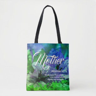 Tote Bag MÈRE Proverbes chrétiens 31 Floral bleu