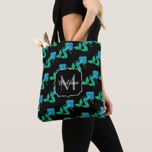 Tote Bag Mermaid bleu vert ombre motif Monogramme