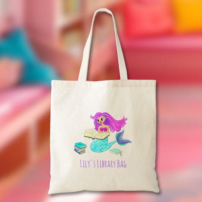 Tote Bag Mermaid Sparkling Lecture Bibliothèque Livres Nom  (Créateur téléchargé)