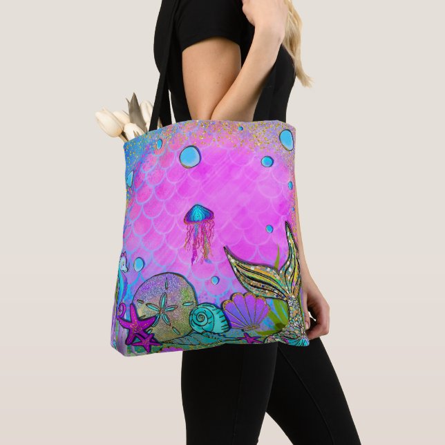 Tote Bag Mermaids et coquilles sous la mer rose étincelle (De près)