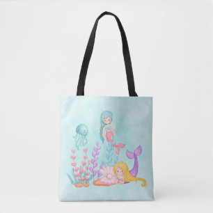 Tote Bag Mermaids et méduses sous l'aquarelle marine