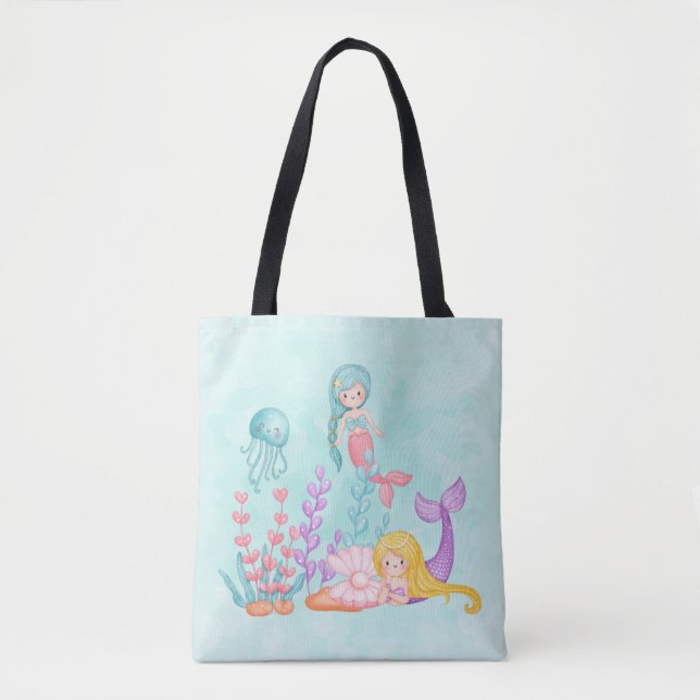 Tote Bag Mermaids et méduses sous l'aquarelle marine (Devant)