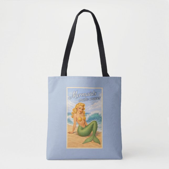Tote Bag Mermaids Make Waves Retro Pin-Up Art Coastal Blue (Devant)