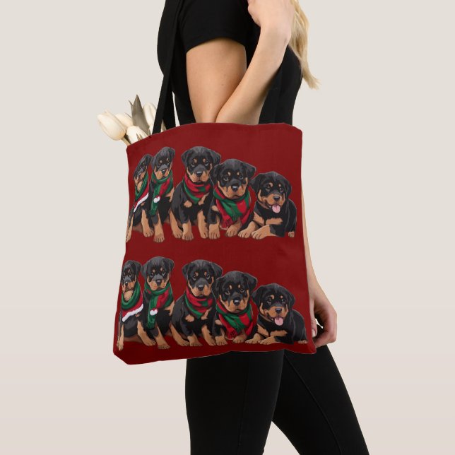 Tote Bag Merry Chrismutts Rottweiler Puppies Wearing Scarf (De près)