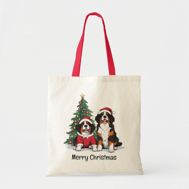 Tote Bag Merry Christmas Bernese Mountain Dogs (Devant)