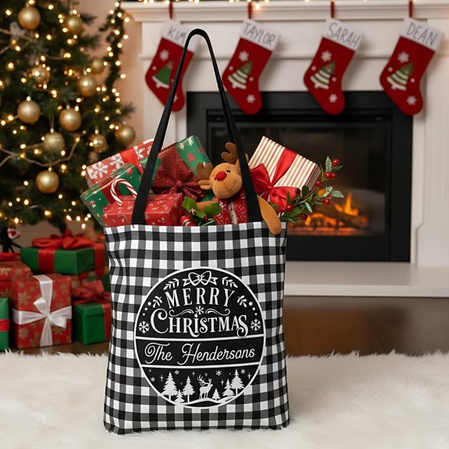Tote Bag Merry Christmas Black & White Buffalo Plaid Custom (Créateur téléchargé)