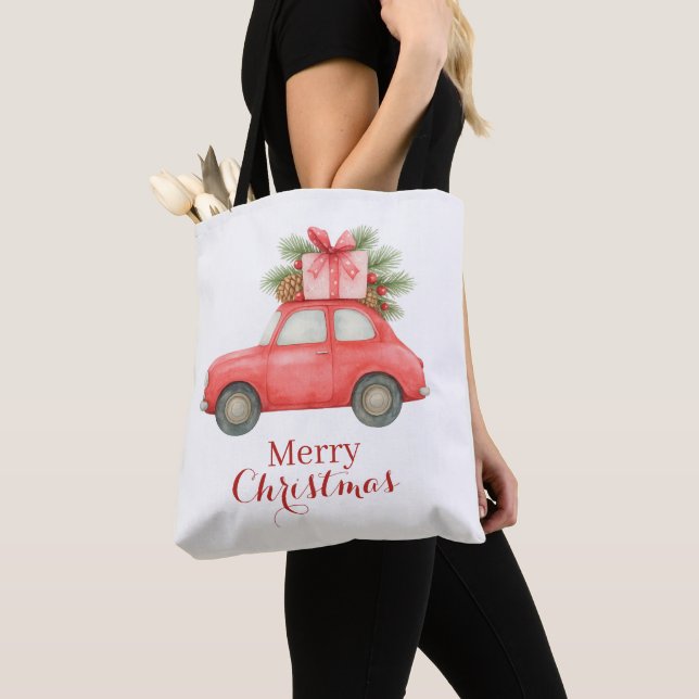 Tote Bag Merry Christmas Red Car – Personalized Holiday  (De près)
