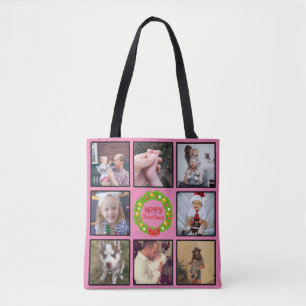 Tote Bag Merry Christmas Wreath Custom Photo Collage