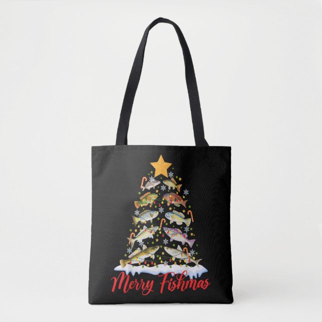 Tote Bag Merry Fishmas Funky Christmas Tree Lights Fish Fis (Devant)