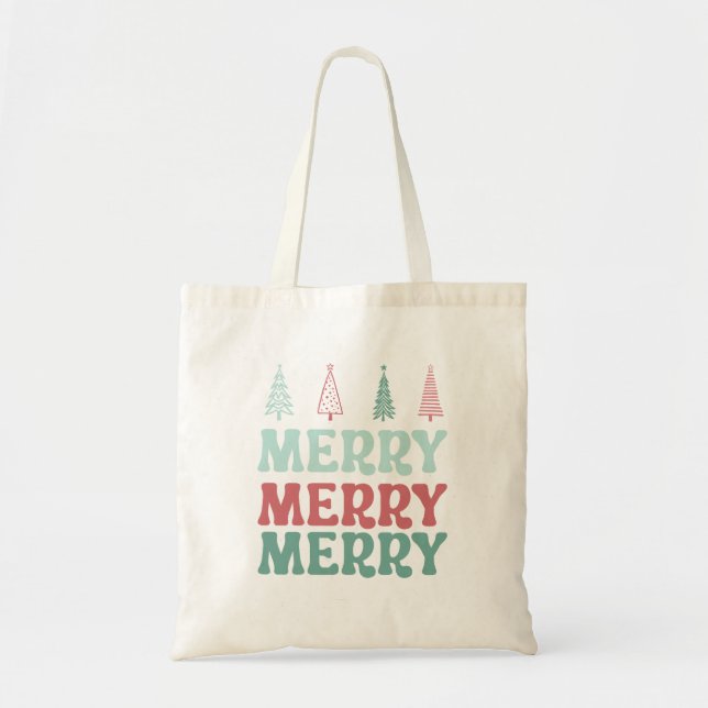 Tote Bag Merry Merry Merry with Pastel Boho Christmas Trees (Devant)