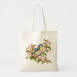 Tote Bag Mésange bleue sur branche fleurie Oiseau botanique