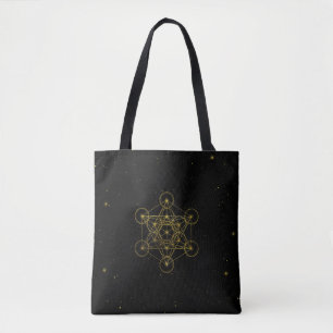 Tote Bag Métatron's Cube Sacred Geometry Noir et or