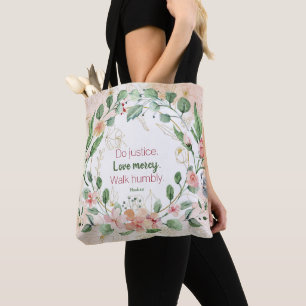 Tote Bag Micah 6:8 Do Justice Rose Vert Aquarelle Florale