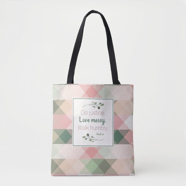 Tote Bag Micah 6:8 rose et vert diamant géométrique (Devant)