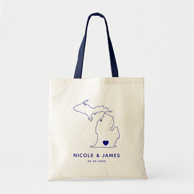 Tote Bag Michigan Map Mariage Welcome Bag Fourre-tout, Navy (Devant)