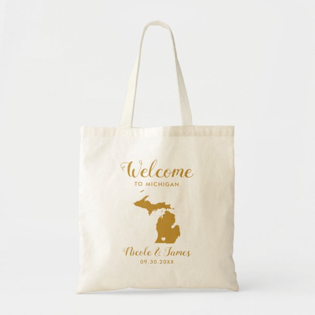 Tote Bag Michigan Map Mariage Welcome Bag, Gold (Devant)