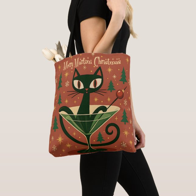 Tote Bag Mid Century Black Cat Merry Martini Christmas (De près)