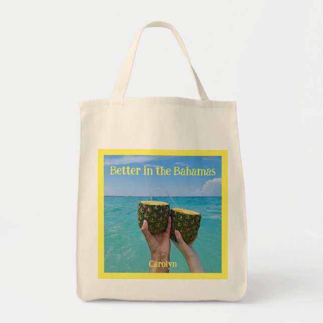 Tote Bag Mieux aux Bahamas, ton nom, rhum d'ananas (Devant)