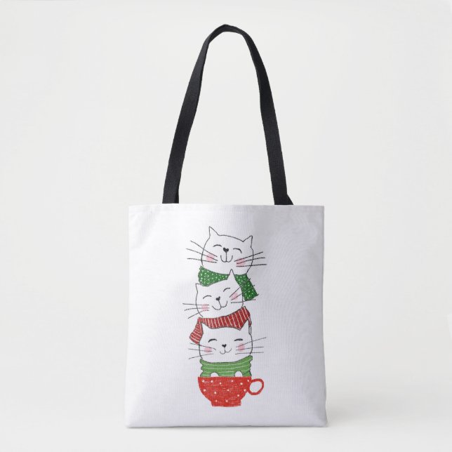 Tote Bag Mignon bol écharpes trois chats Fête Drôle (Devant)
