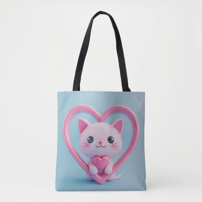 Tote Bag Mignon Chat Blanc avec Design Kawaii Kitty Love (Devant)